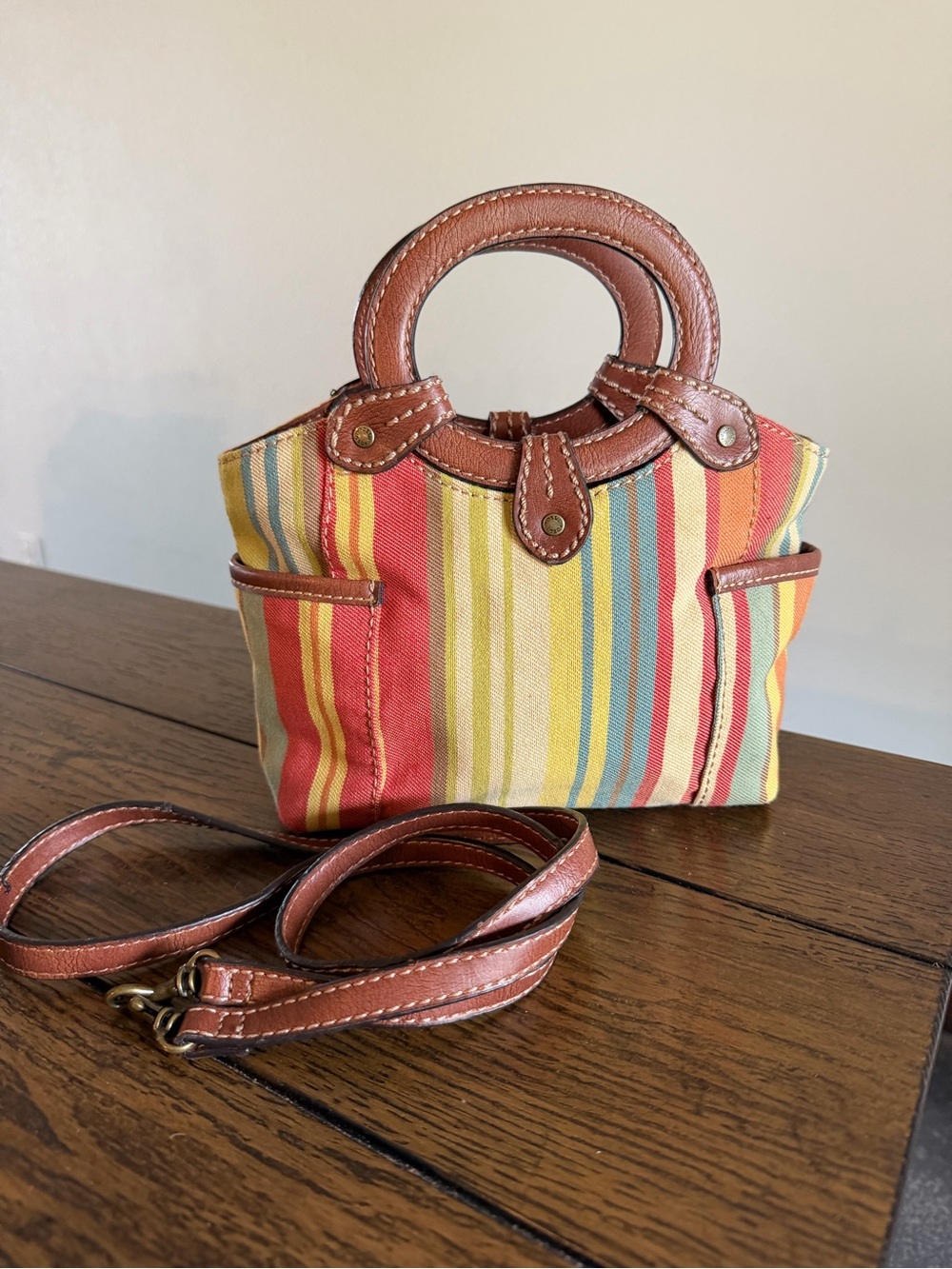 Vintage Fossil Canvas Boho Purse Multicolor Striped Bag Leather Shoulder Bag